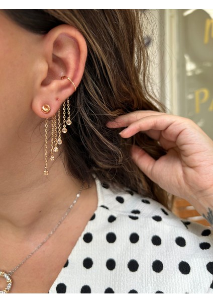 Vip Çelik Gold Zincirli Taşlı Küpe&earcuff (Tek)