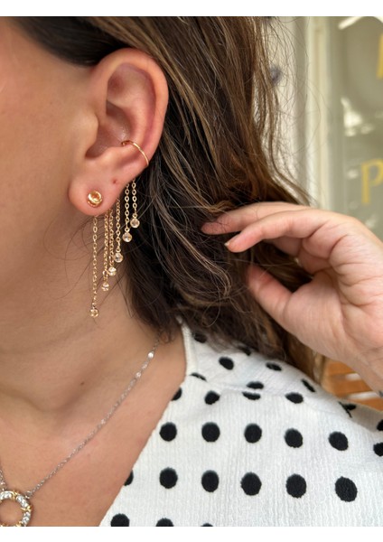 Vip Çelik Gold Zincirli Taşlı Küpe&earcuff (Tek)