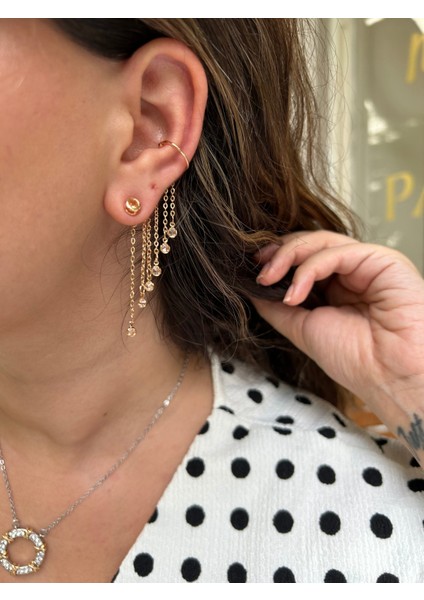 Vip Çelik Gold Zincirli Taşlı Küpe&earcuff (Tek)