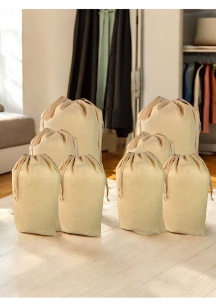 Tekno Trust Bej Büzgülü Hurç 8'li Set - 2 x x l, 2 x l, 4l - Taşınma Çantası - Yorgan Yastık Çamaşır Saklama Torbası