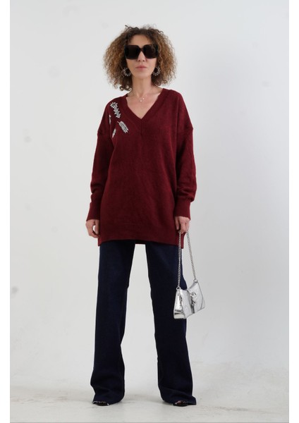 Bordo Taşlı Kazak indirimleri