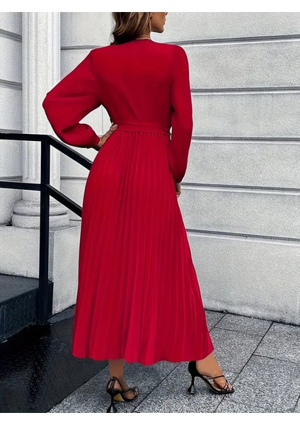 Kadın Uzun Kollu Kruvaze Yaka Belden Kuşaklı Pileli Ithal Krep Elbise modelleri