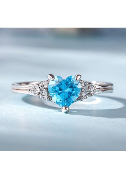 925 Ayar Gümüş Rodyum Kaplama Aquamarine Taşlı Kalp Yüzük fiyatları