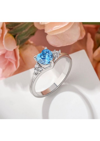 925 Ayar Gümüş Rodyum Kaplama Aquamarine Taşlı Kalp Yüzük modelleri
