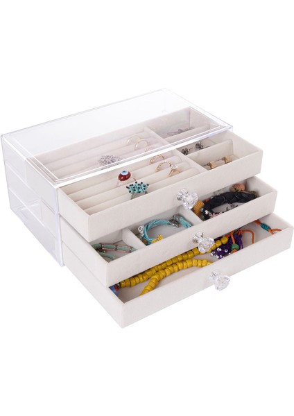 Modern 3 Çekmeceli Takı Bijuteri Mücevher Kutusu Organizer Düzenleyici Beyaz 13 x 23 x 10 cm