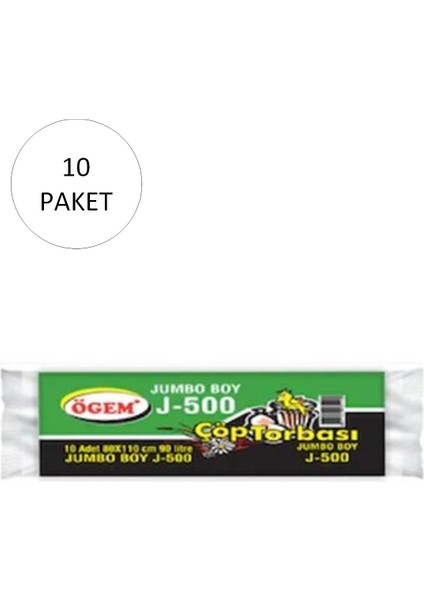 J-500 Jumbo Boy Çöp Torbası 80 x 110 cm 10'lu Rulo x 10 Paket = 100 Adet (Siyah)