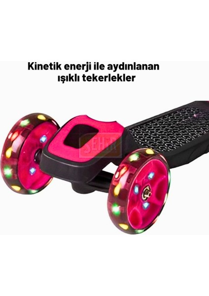 Pembe Renkli LED Işıklı 3 Tekerlekli Direksiyon Yükseklik Ayarlı Çocuk Scooter