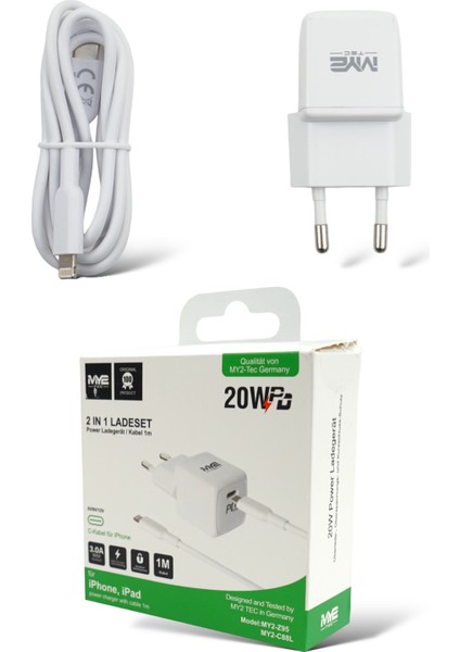 My2 Tec 2'si 1 Arada Şarj Seti Apple IPhone 14 Lightning Usb-C Için Şarj Kablosu Siyah 20W 3A 100CM