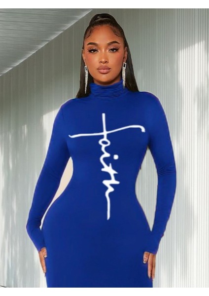 Kadın Uzun Kollu Boğazlı Baskı Detaylı Viskon Tam Boy Elbise fiyatları