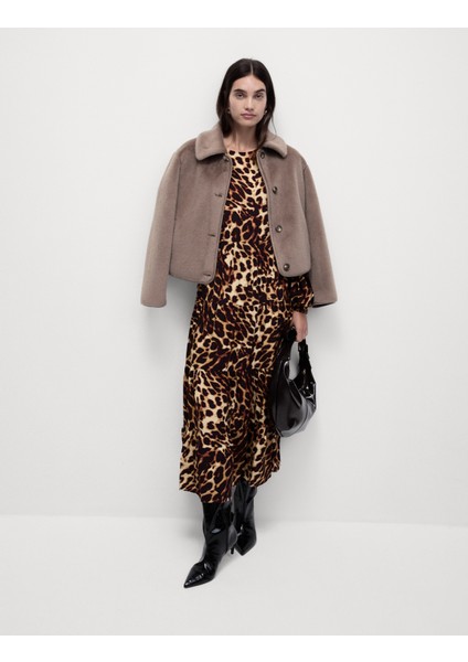 Leopar Desenli Midi Elbise