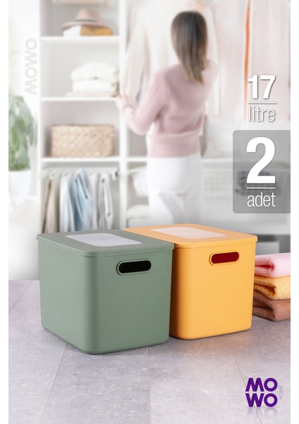 Storage Box Yeşil-Sarı 2 Adet 17 Litre Düzenleyici Kapaklı Kutu, Dekoratif Saklama Kutusu, Organize