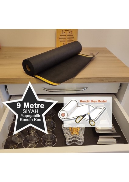 Yapışabilir Çekmece Düzenleyici / Raf Örtüsü Kaymaz Siyah Antiyel Kumaş 9mt Kendin Kes