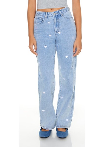 F21 Nakışlı Kalp Detaylı Düz Jean Pantolon