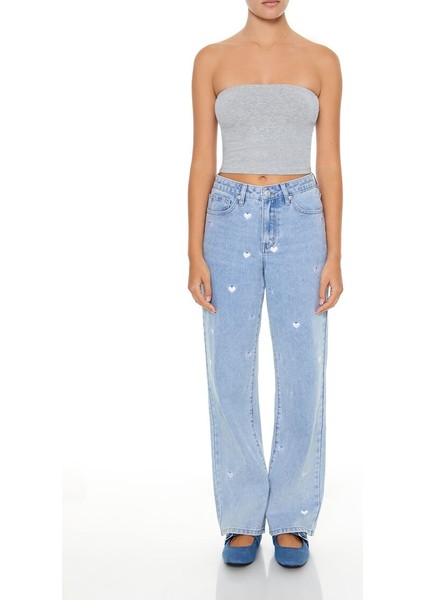 F21 Nakışlı Kalp Detaylı Düz Jean Pantolon
