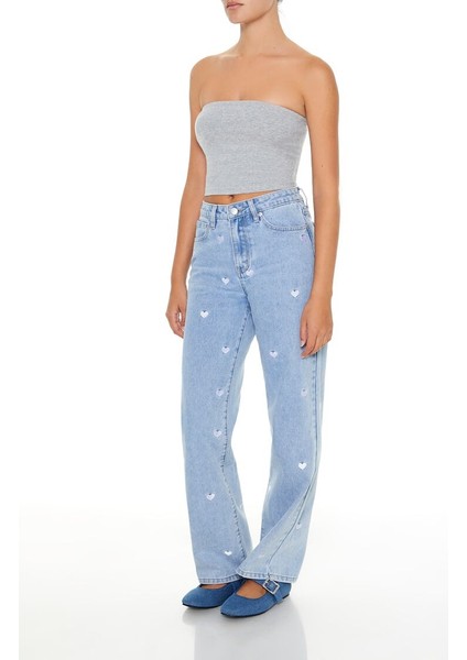 F21 Nakışlı Kalp Detaylı Düz Jean Pantolon