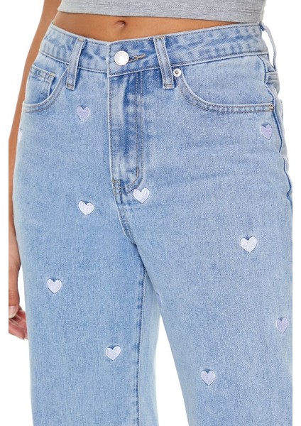 F21 Nakışlı Kalp Detaylı Düz Jean Pantolon