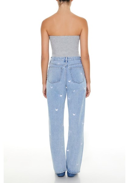 F21 Nakışlı Kalp Detaylı Düz Jean Pantolon