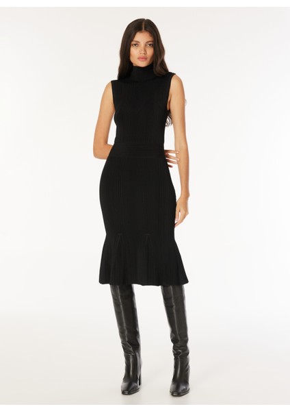 Dik Yaka Desenli Siyah Uzun Kadın Elbise Adwoa Rıbbed Sl Dres - Brıght Vısco