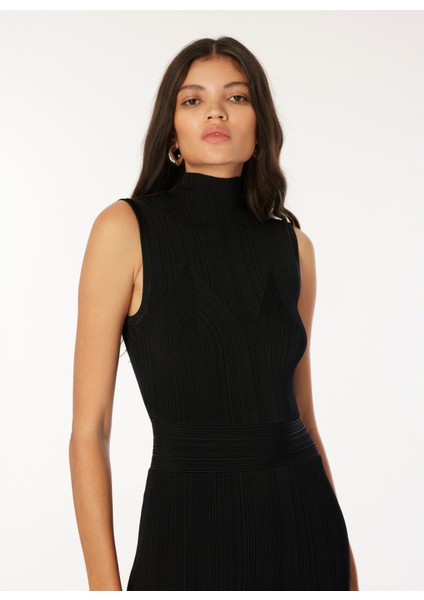 Dik Yaka Desenli Siyah Uzun Kadın Elbise Adwoa Rıbbed Sl Dres - Brıght Vısco fiyatları