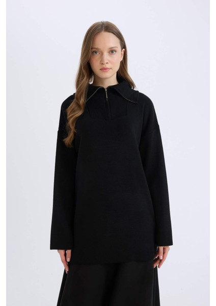 Regular Fit Fermuarlı Dik Yaka Triko Kazak Tunik B0191AX24WN