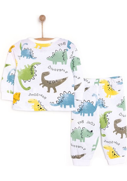 Uzun Kol Sevimli Dinazor Desenli Bisiklet Yaka Pijama Takımı