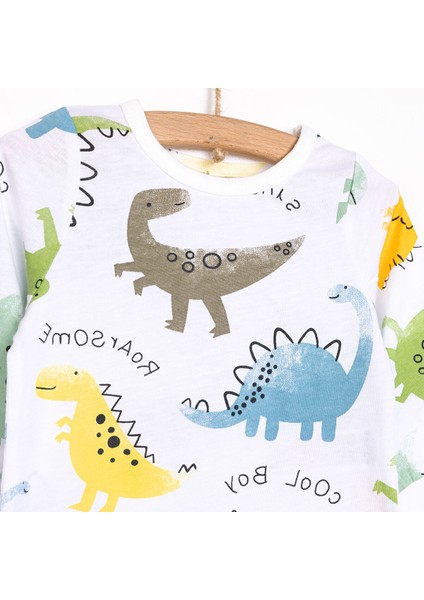 Uzun Kol Sevimli Dinazor Desenli Bisiklet Yaka Pijama Takımı