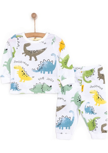 Uzun Kol Sevimli Dinazor Desenli Bisiklet Yaka Pijama Takımı