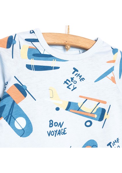 Uzun Kol Uçak Desenli Bisiklet Yaka Pijama Takımı modelleri