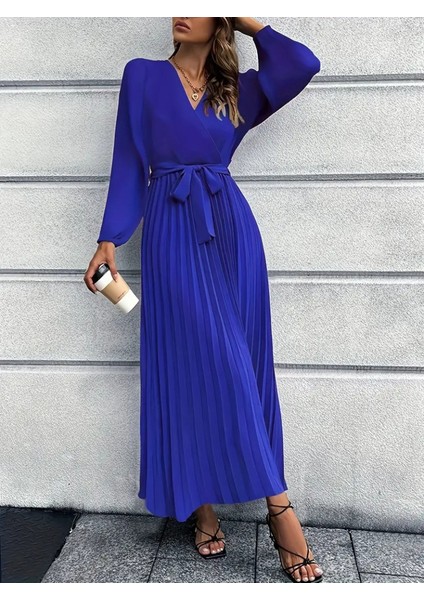 Kadın Uzun Kollu Kruvaze Yaka Belden Kuşaklı Pileli Ithal Krep Elbise fiyatları