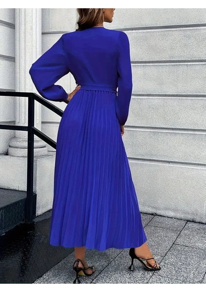 Kadın Uzun Kollu Kruvaze Yaka Belden Kuşaklı Pileli Ithal Krep Elbise modelleri