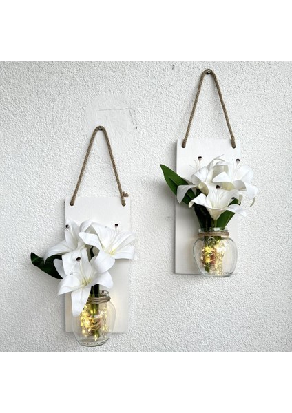 LED Işıklı, Beyaz Lilyum Çiçekli Duvar Dekoru Beyaz Ikili Set