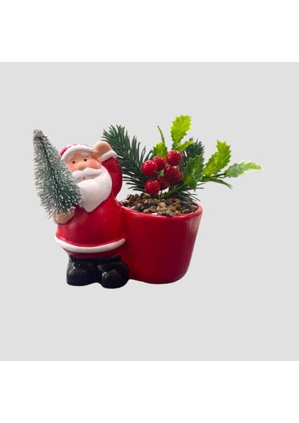 Seramik Noel Baba Mini Saksı ve Çam Ağacı Biblosu