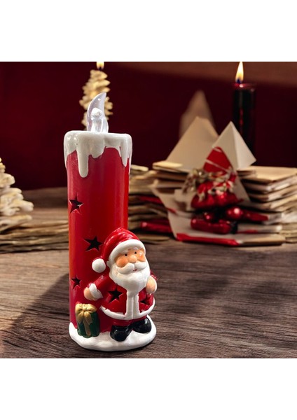 Es Home Collection Kırmızı Noel Baba Kardan Adam Tasarım Yılbaşı Temalı Pilli Mum Biblosu