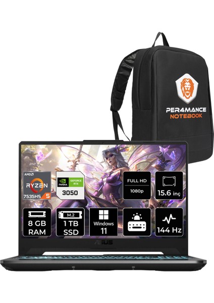 Tuf Gaming A15 Amd Ryzen 5 7535HS 8gb 1tb SSD RTX3050/4GB 15.6" Fhd 144Hz Windows 11 Pro Taşınabilir Bilgisayar & Per4 Çanta HN047P383