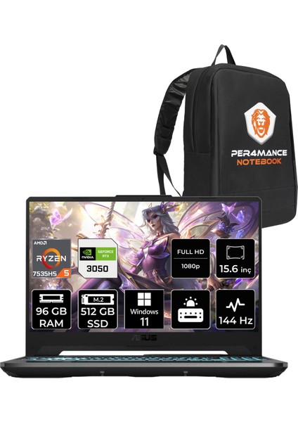 Tuf Gaming A15 Amd Ryzen 5 7535HS 96GB 512GB SSD RTX3050/4GB 15.6" Fhd 144Hz Windows 11 Home Taşınabilir Bilgisayar & Per4 Çanta HN049P377