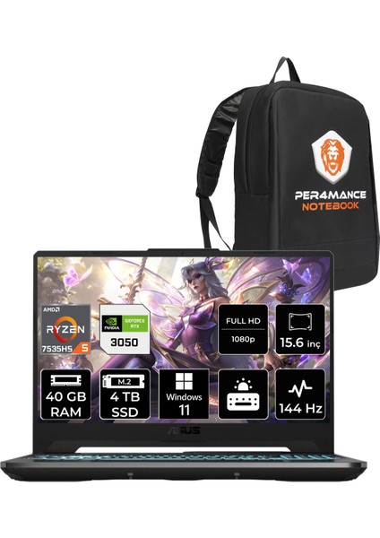 Tuf Gaming A15 Amd Ryzen 5 7535HS 40GB 4tb SSD RTX3050/4GB 15.6" Fhd 144Hz W11H Taşınabilir Bilgisayar & Per4 Çanta HN048P365