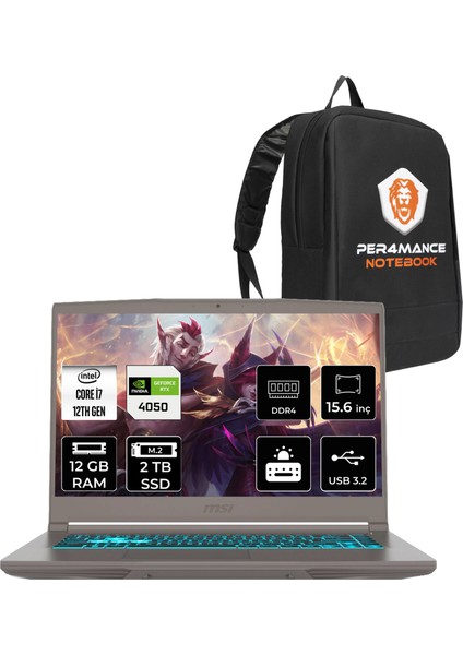 Msı Thin 15 Intel Core I7 12650H 12GB 2tb SSD RTX4050/6GB 15.6" Fhd 144Hz Fdos Taşınabilir Bilgisayar & Per4 Çanta B12VE1892XTRP309