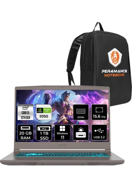 Msı Thin 15 Intel Core I5 12450H 20GB 1tb SSD RTX2050/4GB 15.6" Fhd 144Hz W11P Taşınabilir Bilgisayar & Per4 Çanta B12UCX2420TRP368