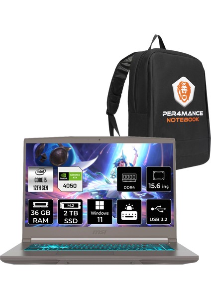 Msı Thin 15 Intel Core I5 12450H 36GB 2tb SSD RTX4050/6GB 15.6" Fhd 144Hz W11H Taşınabilir Bilgisayar & Per4 Çanta B12VE1627TRP334