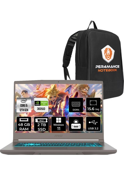 Msı Thin 15 Intel Core I5 12450H 48GB 2tb SSD RTX3050/4GB 15.6" Fhd 144Hz W11P Taşınabilir Bilgisayar & Per4 Çanta B12UC1891TRP394