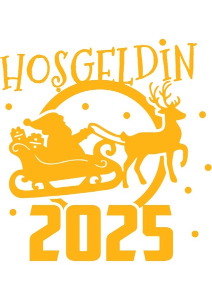 Geyik ve Noel Baba Kar Taneleri ve Hoşgeldin 2025 Yazısı Yılbaşı Süslemeleri - Sarı