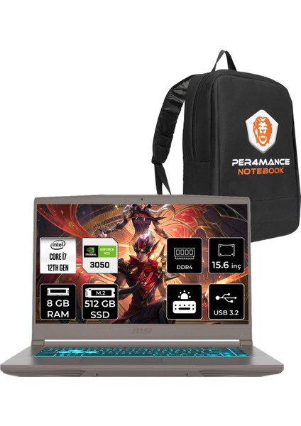 Msı Thin 15 Intel Core I7 12650H 8gb 512GB SSD RTX3050/4GB 15.6" Fhd 144Hz Fdos Taşınabilir Bilgisayar & Per4 Çanta B12UC1479XTRP302