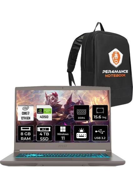 Msı Thin 15 Intel Core I7 12650H 8gb 4tb SSD RTX4050/6GB 15.6" Fhd 144Hz W11P Taşınabilir Bilgisayar & Per4 Çanta B12VE1892XTRP405