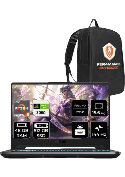 Tuf Gaming A15 Amd Ryzen 5 7535HS 48GB 512GB SSD RTX3050/4GB 15.6" Fhd 144Hz Fdos Taşınabilir Bilgisayar & Per4 Çanta HN006P327
