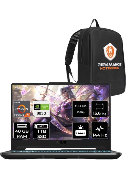 Tuf Gaming A15 Amd Ryzen 5 7535HS 40GB 1tb SSD RTX3050/4GB 15.6" Fhd 144Hz Fdos Taşınabilir Bilgisayar & Per4 Çanta HN006P323