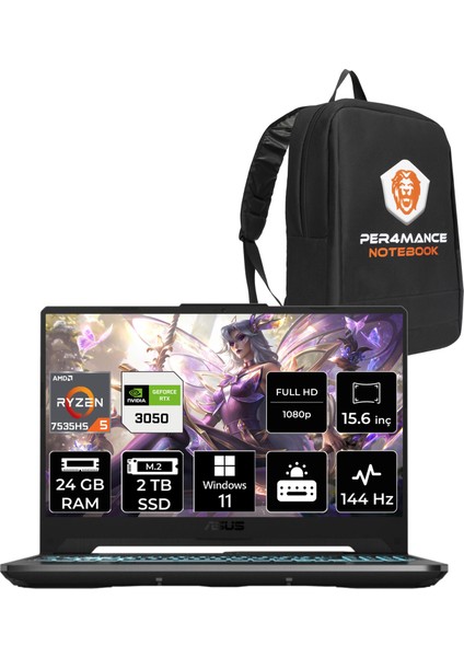 Tuf Gaming A15 Amd Ryzen 5 7535HS 24GB 2tb SSD RTX3050/4GB 15.6" Fhd 144Hz Windows 11 Pro Taşınabilir Bilgisayar & Per4 Çanta HN048P394