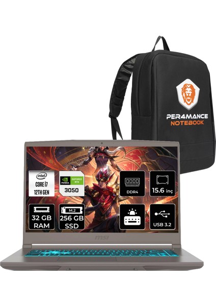Msı Thin 15 Intel Core I7 12650H 32GB 256GB SSD RTX3050/4GB 15.6" Fhd 144Hz Fdos Taşınabilir Bilgisayar & Per4 Çanta B12UC1479XTRP326