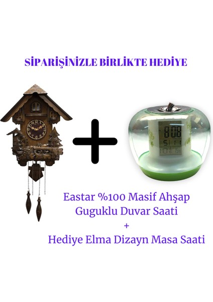 Eastar Masif Ahşap Pilli Guguklu Duvar Saati + Hediye Elma Dizayn Masa Saati