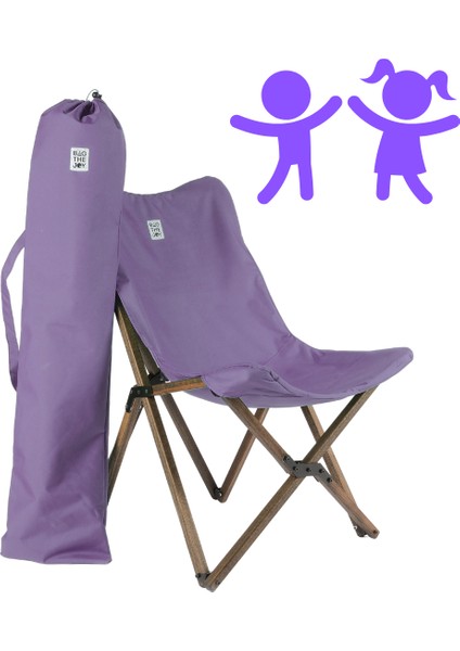 Kids Ahşap Katlanır Kamp & Bahçe Sandalyesi – Antrasit Iskelet - Mor Kılıf