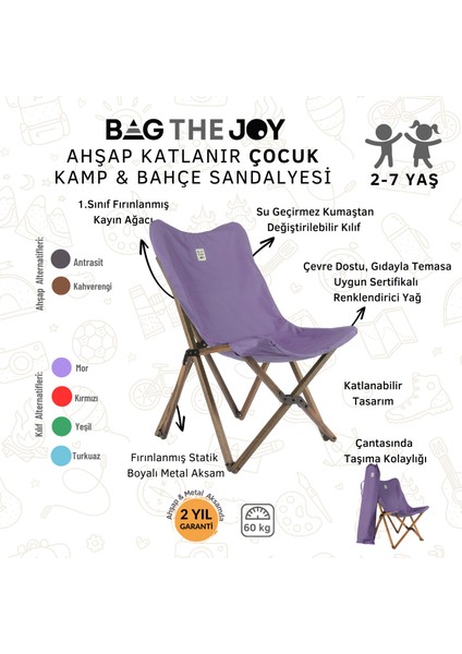 Kids Ahşap Katlanır Kamp & Bahçe Sandalyesi – Antrasit Iskelet - Mor Kılıf fırsatları